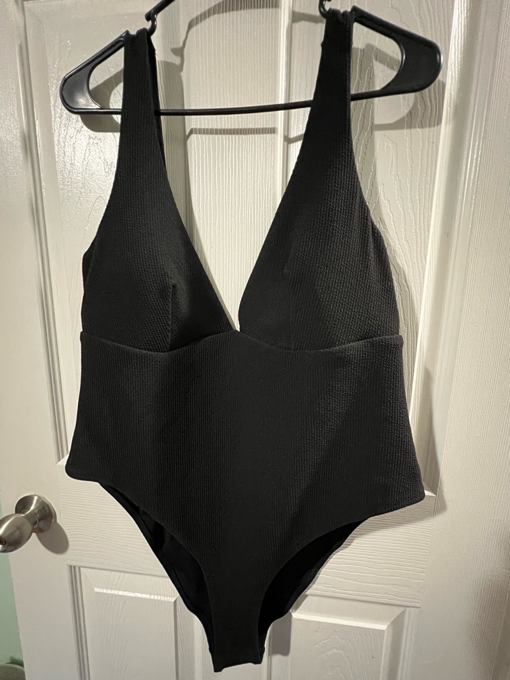 H&M Black Textured Plunge One-Piece Swimsuit. Size XL. NWOT.